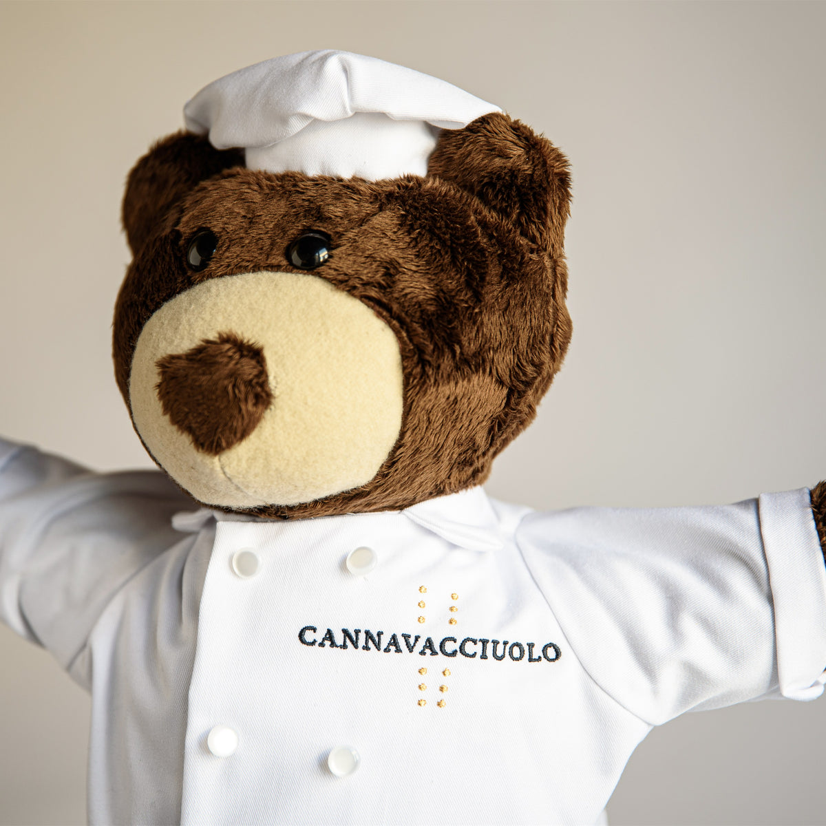 Primo piano del peluche Tony Bear con giacca da chef