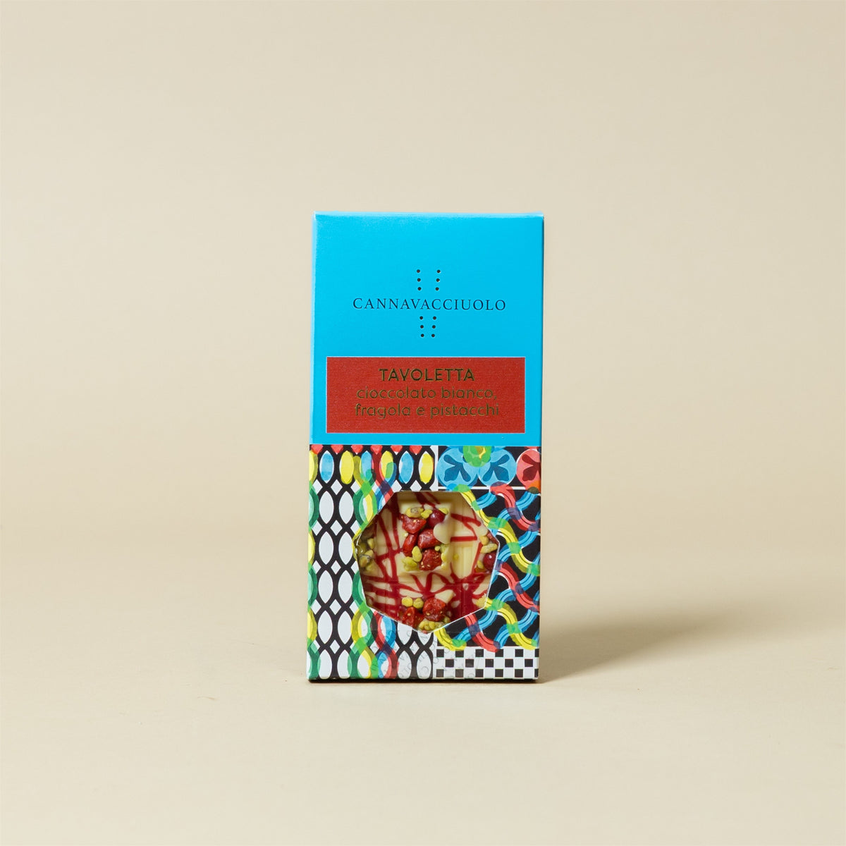 Astuccio della tavoletta di cioccolato bianco, fragola e pistacchi