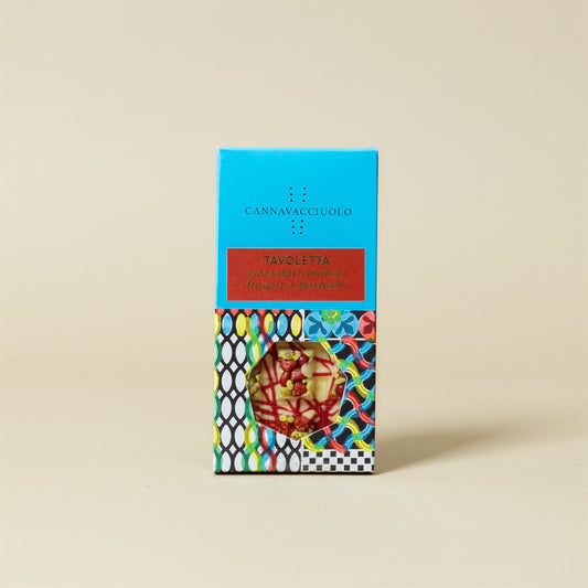 Astuccio della tavoletta di cioccolato bianco, fragola e pistacchi