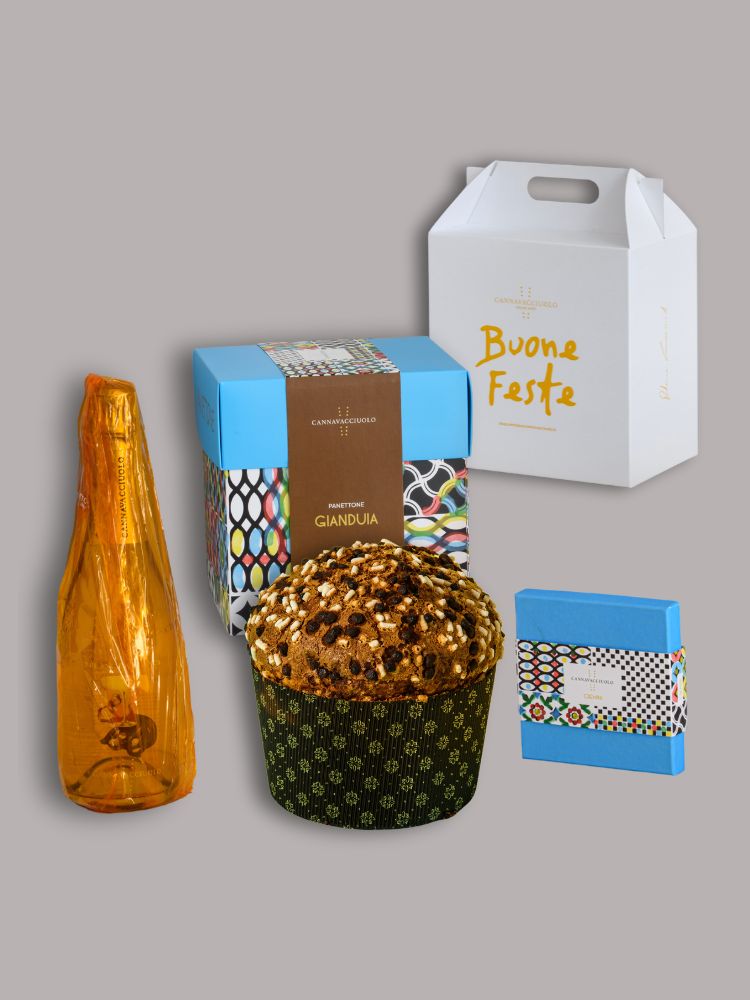 confezione regalo con panettone al gianduia e cremini