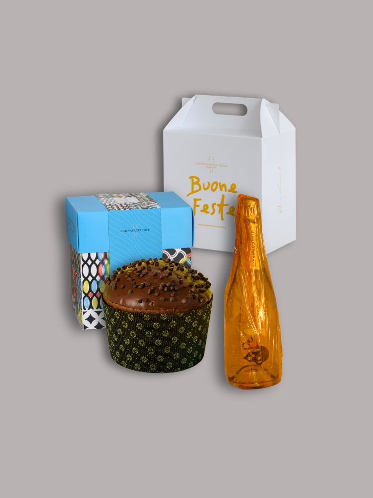 confezione regalo con panettone albicocca e cioccolato