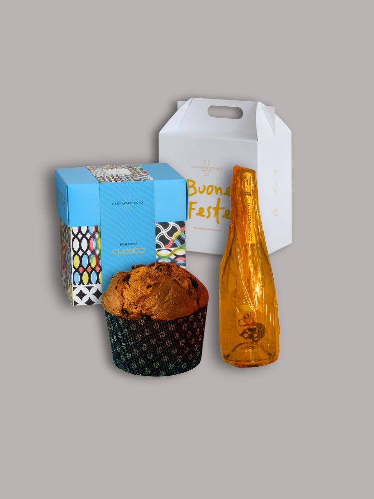 confezione regalo con panettone classico e bottiglia blanc de blancs